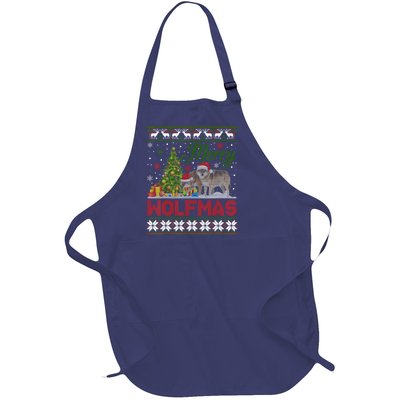 Merry Wolfmas Wolf Christmas Tree Funny Animal Lovers Xmas Full-Length Apron With Pockets