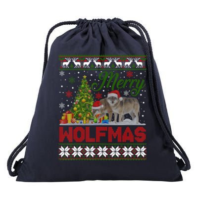 Merry Wolfmas Wolf Christmas Tree Funny Animal Lovers Xmas Drawstring Bag