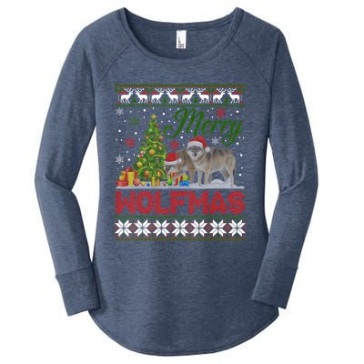 Merry Wolfmas Wolf Christmas Tree Funny Animal Lovers Xmas Women's Perfect Tri Tunic Long Sleeve Shirt