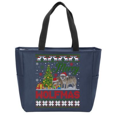 Merry Wolfmas Wolf Christmas Tree Funny Animal Lovers Xmas Zip Tote Bag