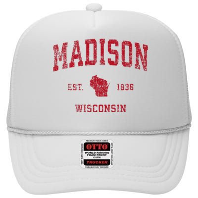 Madison Wisconsin Wi Vintage Sports Design High Crown Mesh Back Trucker Hat