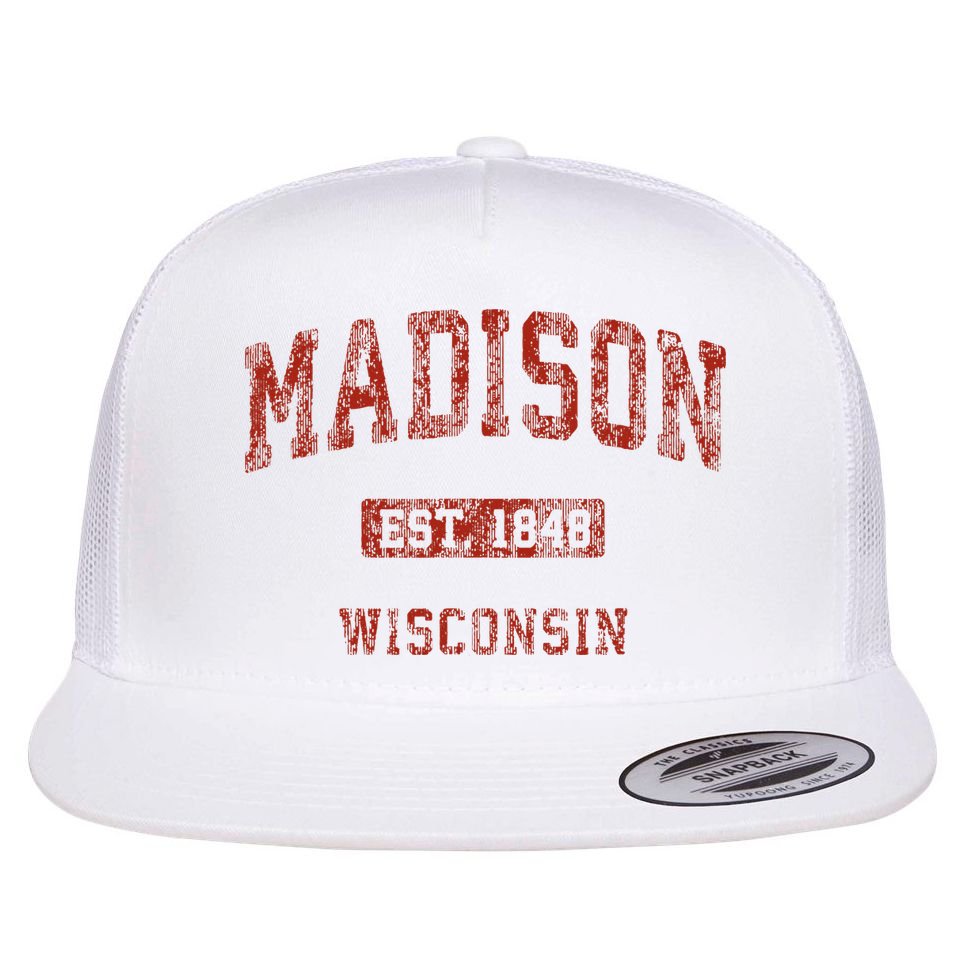 Madison Wisconsin Wi Vintage Athletic Sports Flat Bill Trucker Hat