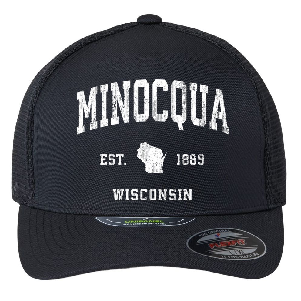 Minocqua Wisconsin Wi Vintage Athletic Flexfit Unipanel Trucker Cap