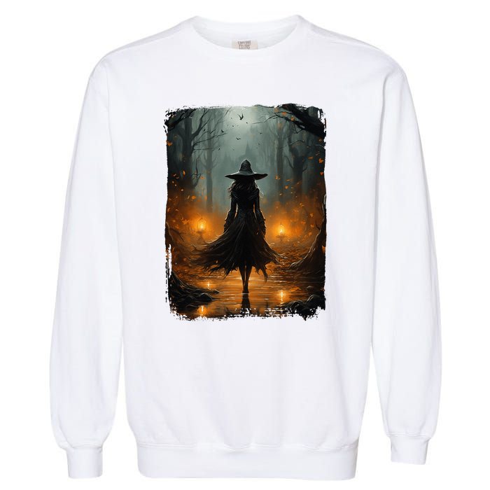 Mystical Witch Walking The Forest Halloween Gothic Painting Garment-Dyed Sweatshirt