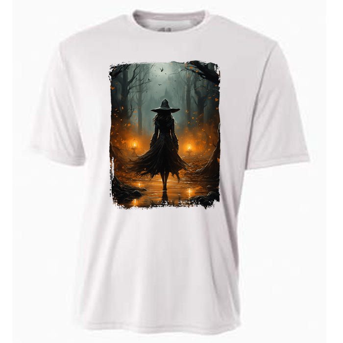 Mystical Witch Walking The Forest Halloween Gothic Painting Cooling Performance Crew T-Shirt