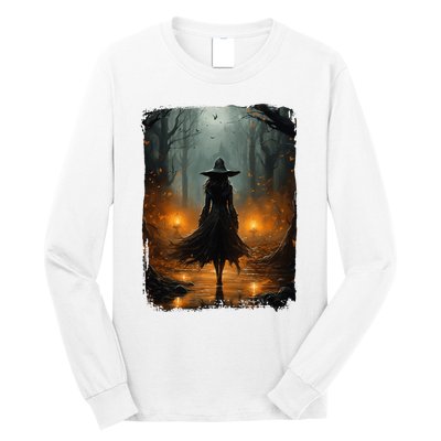 Mystical Witch Walking The Forest Halloween Gothic Painting Long Sleeve Shirt