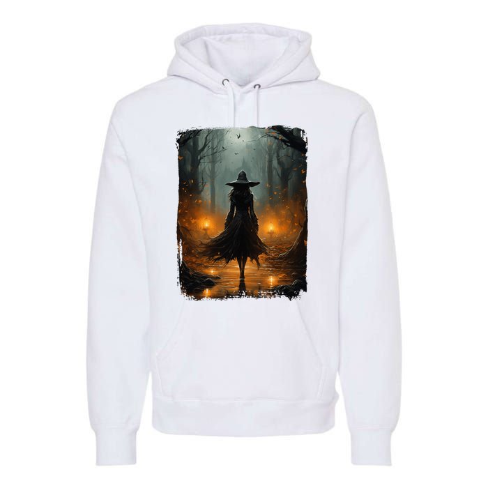 Mystical Witch Walking The Forest Halloween Gothic Painting Premium Hoodie