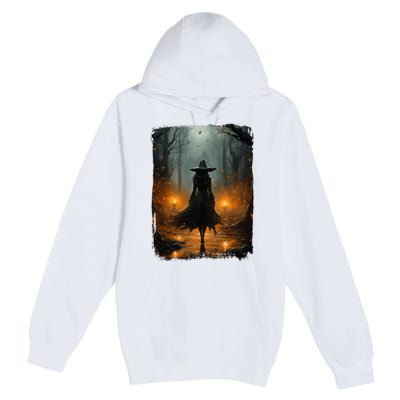 Mystical Witch Walking The Forest Halloween Gothic Painting Premium Pullover Hoodie