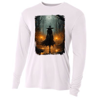 Mystical Witch Walking The Forest Halloween Gothic Painting Cooling Performance Long Sleeve Crew