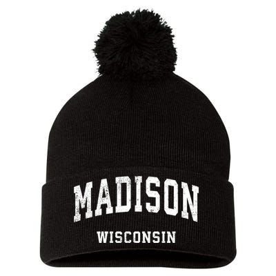 Madison Wisconsin Wi Vintage Athletic Sports Pom Pom 12in Knit Beanie