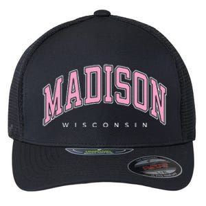 Madison Wisconsin WI Varsity Pink Text Flexfit Unipanel Trucker Cap