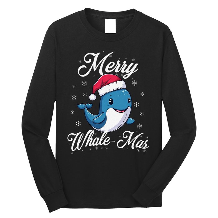 Merry Whalemas Whale With Santa Hat Orcas Christmas Puns Long Sleeve Shirt