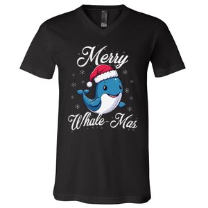 Merry Whalemas Whale With Santa Hat Orcas Christmas Puns V-Neck T-Shirt