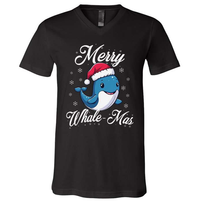 Merry Whalemas Whale With Santa Hat Orcas Christmas Puns V-Neck T-Shirt