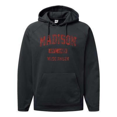 Madison Wisconsin Wi Vintage Athletic Sports Design Performance Fleece Hoodie