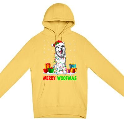 Merry Woofmas Xmas Lights Cute Siberian Husky Dog Pajama Great Gift Premium Pullover Hoodie