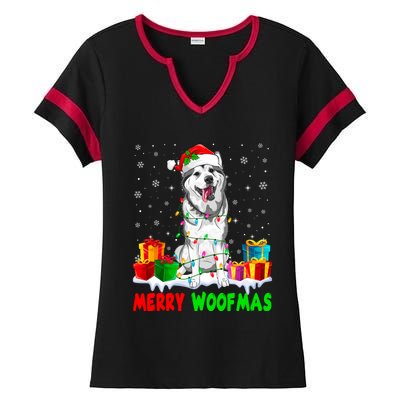 Merry Woofmas Xmas Lights Cute Siberian Husky Dog Pajama Great Gift Ladies Halftime Notch Neck Tee