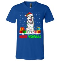 Merry Woofmas Xmas Lights Cute Siberian Husky Dog Pajama Great Gift V-Neck T-Shirt