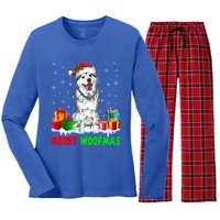 Merry Woofmas Xmas Lights Cute Siberian Husky Dog Pajama Great Gift Women's Long Sleeve Flannel Pajama Set 