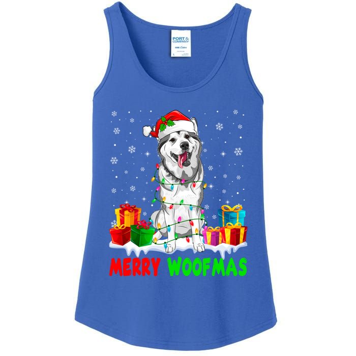 Merry Woofmas Xmas Lights Cute Siberian Husky Dog Pajama Great Gift Ladies Essential Tank