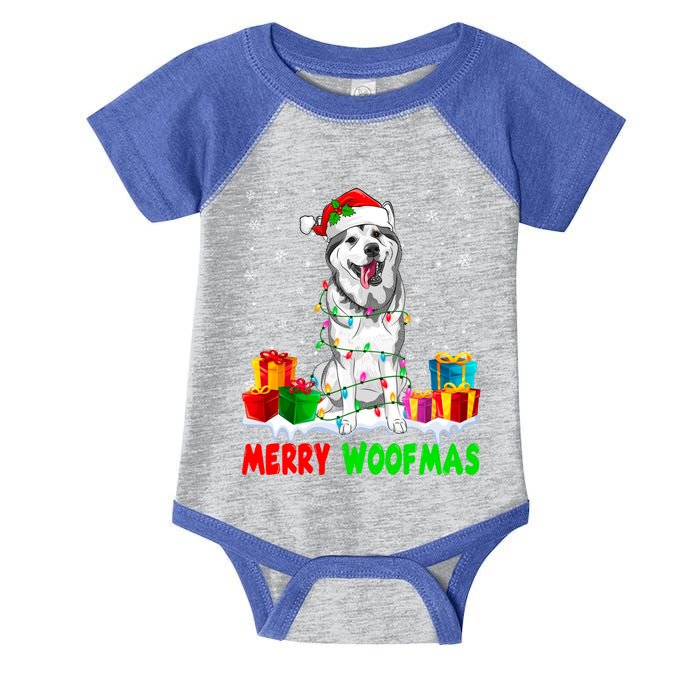 Merry Woofmas Xmas Lights Cute Siberian Husky Dog Pajama Great Gift Infant Baby Jersey Bodysuit