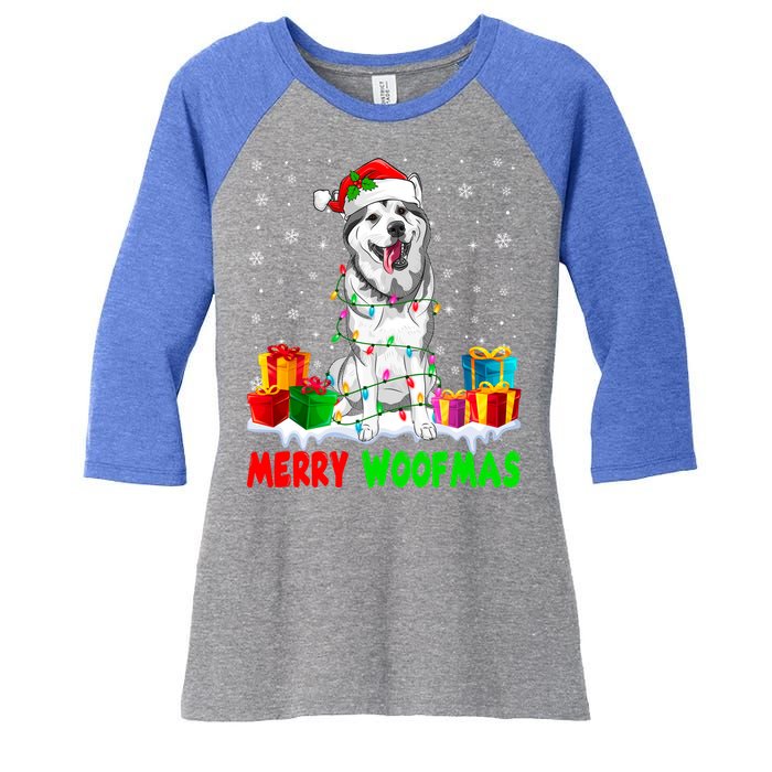 Merry Woofmas Xmas Lights Cute Siberian Husky Dog Pajama Great Gift Women's Tri-Blend 3/4-Sleeve Raglan Shirt