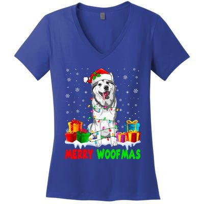 Merry Woofmas Xmas Lights Cute Siberian Husky Dog Pajama Great Gift Women's V-Neck T-Shirt