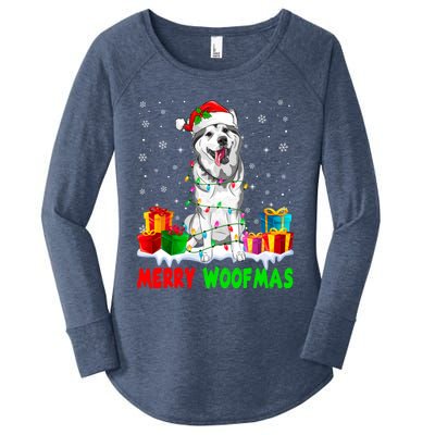 Merry Woofmas Xmas Lights Cute Siberian Husky Dog Pajama Great Gift Women's Perfect Tri Tunic Long Sleeve Shirt