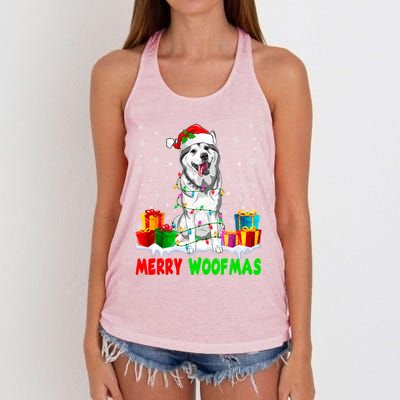 Merry Woofmas Xmas Lights Cute Siberian Husky Dog Pajama Great Gift Women's Knotted Racerback Tank