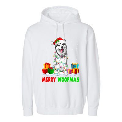 Merry Woofmas Xmas Lights Cute Siberian Husky Dog Pajama Great Gift Garment-Dyed Fleece Hoodie