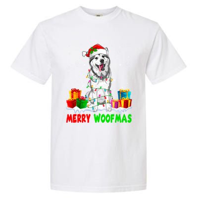 Merry Woofmas Xmas Lights Cute Siberian Husky Dog Pajama Great Gift Garment-Dyed Heavyweight T-Shirt