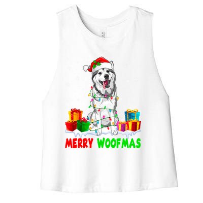 Merry Woofmas Xmas Lights Cute Siberian Husky Dog Pajama Great Gift Women's Racerback Cropped Tank