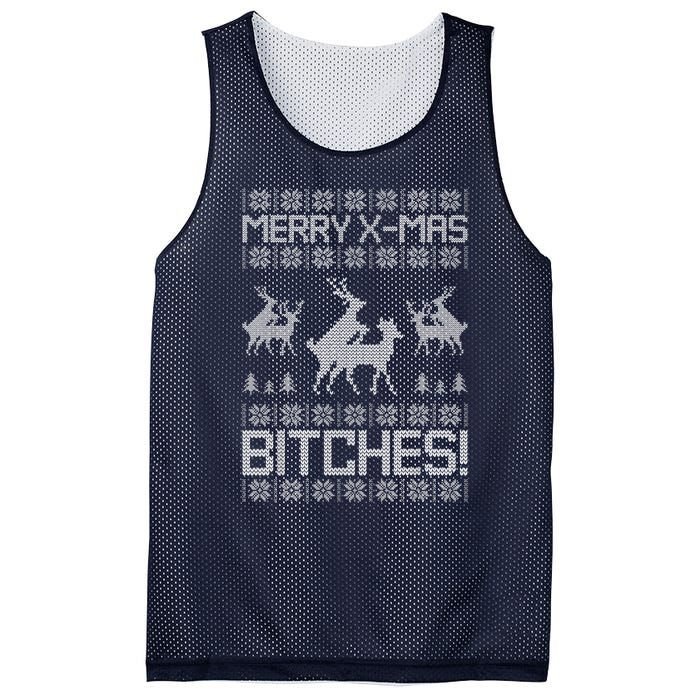 Merry Xmas Bitches Reindeer Adult Ugly Christmas Sweater Mesh Reversible Basketball Jersey Tank