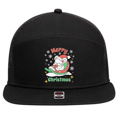 Merry Xmas Cute Mouse Winter Sleigh  7 Panel Mesh Trucker Snapback Hat