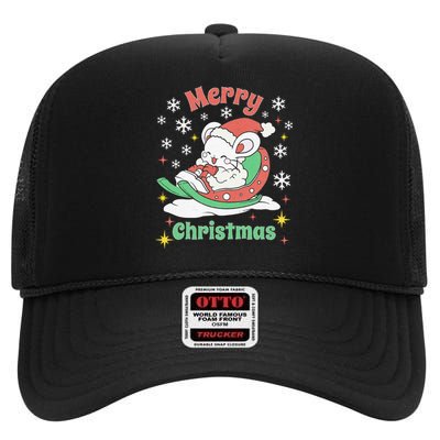 Merry Xmas Cute Mouse Winter Sleigh  High Crown Mesh Back Trucker Hat