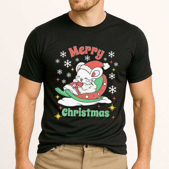 Merry Xmas Cute Mouse Winter Sleigh  Cooling Performance Crew T-Shirt
