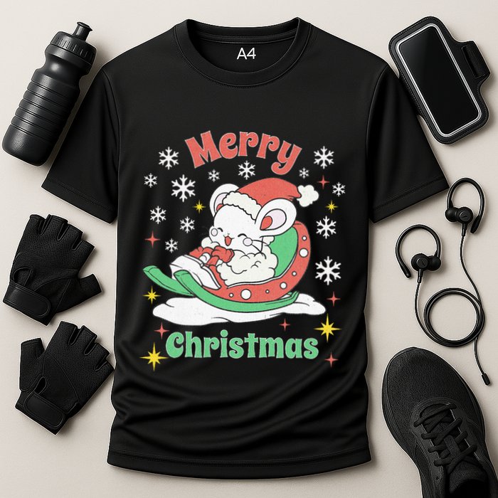 Merry Xmas Cute Mouse Winter Sleigh  Cooling Performance Crew T-Shirt