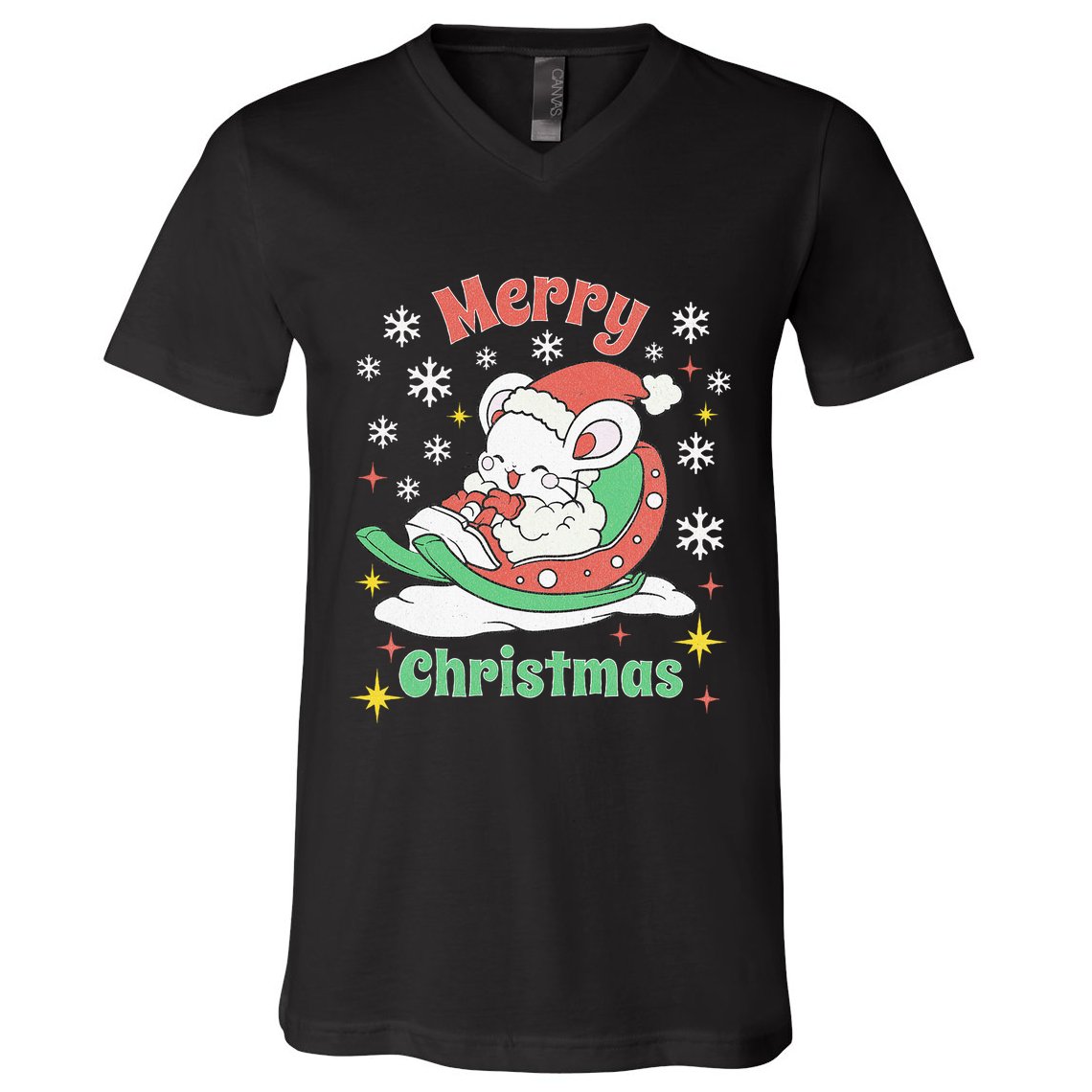 Merry Xmas Cute Mouse Winter Sleigh  V-Neck T-Shirt