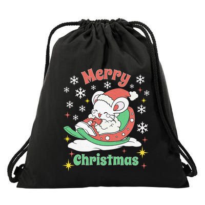 Merry Xmas Cute Mouse Winter Sleigh  Drawstring Bag