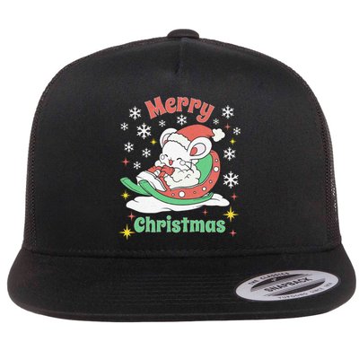 Merry Xmas Cute Mouse Winter Sleigh  Flat Bill Trucker Hat