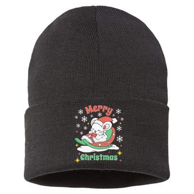 Merry Xmas Cute Mouse Winter Sleigh  Sustainable Knit Beanie