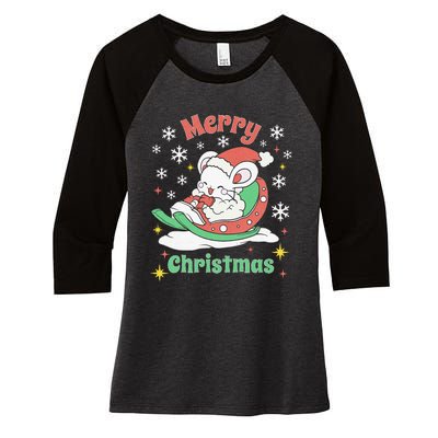 Merry Xmas Cute Mouse Winter Sleigh  Women's Tri-Blend 3/4-Sleeve Raglan Shirt