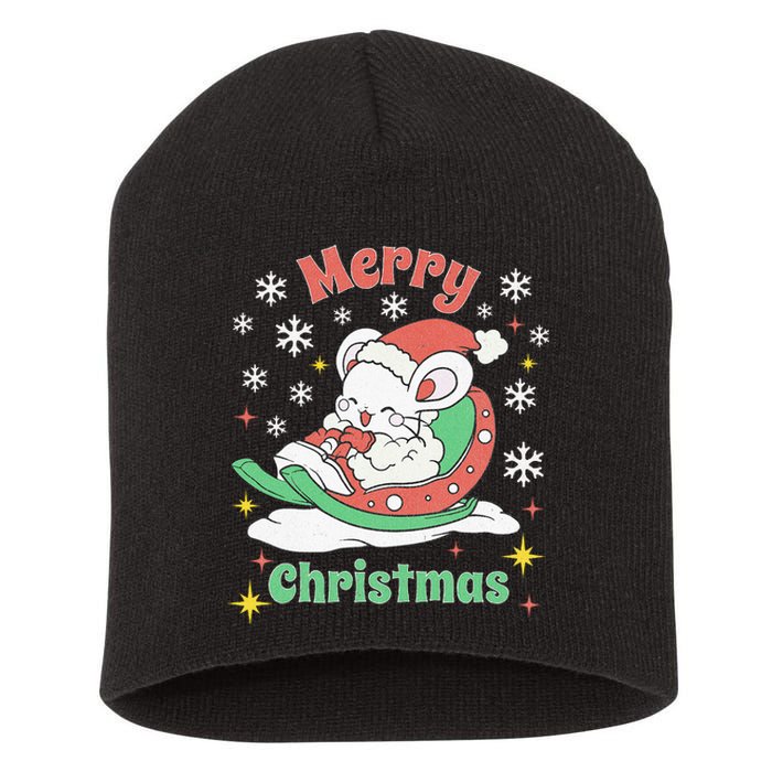 Merry Xmas Cute Mouse Winter Sleigh  Short Acrylic Beanie