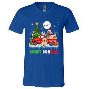 Merry Xmas Dog Santa Elf Labrador Retrievers On Pickup Truck Gift V-Neck T-Shirt