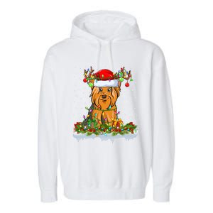 Matching Xmas Lighting Santa Yorkshire Terrier Dog Christmas Gift Garment-Dyed Fleece Hoodie