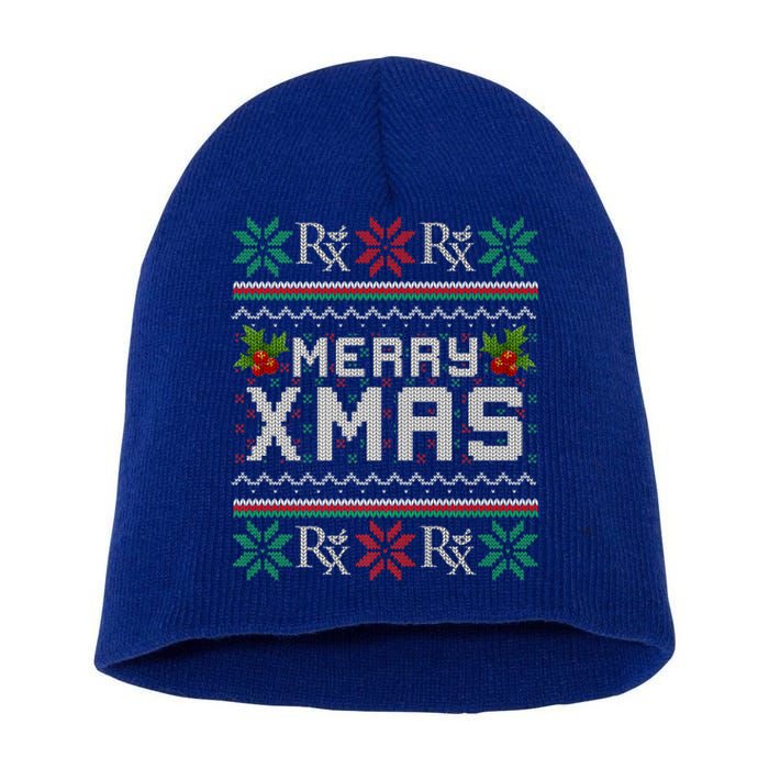 Merry Xmas Pharmacist Pharmacy Tech Ugly Christmas Sweater Funny Gift Short Acrylic Beanie