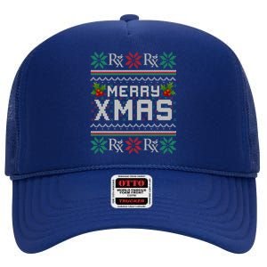 Merry Xmas Pharmacist Pharmacy Tech Ugly Christmas Sweater Funny Gift High Crown Mesh Back Trucker Hat