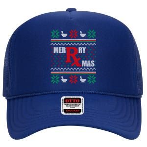 Merry Xmas Pharmacist Ugly Christmas Pharmacy Tech Gift High Crown Mesh Back Trucker Hat