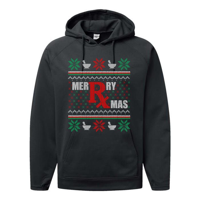 Merry Xmas Pharmacist Ugly Christmas Sweater Pharmacy Tech Performance Fleece Hoodie