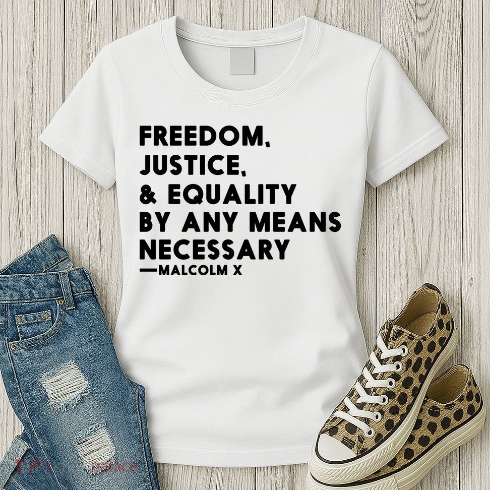Malcolm X Quote Freedom Justice Equality By Any Means Necessary Womens T-Shirt